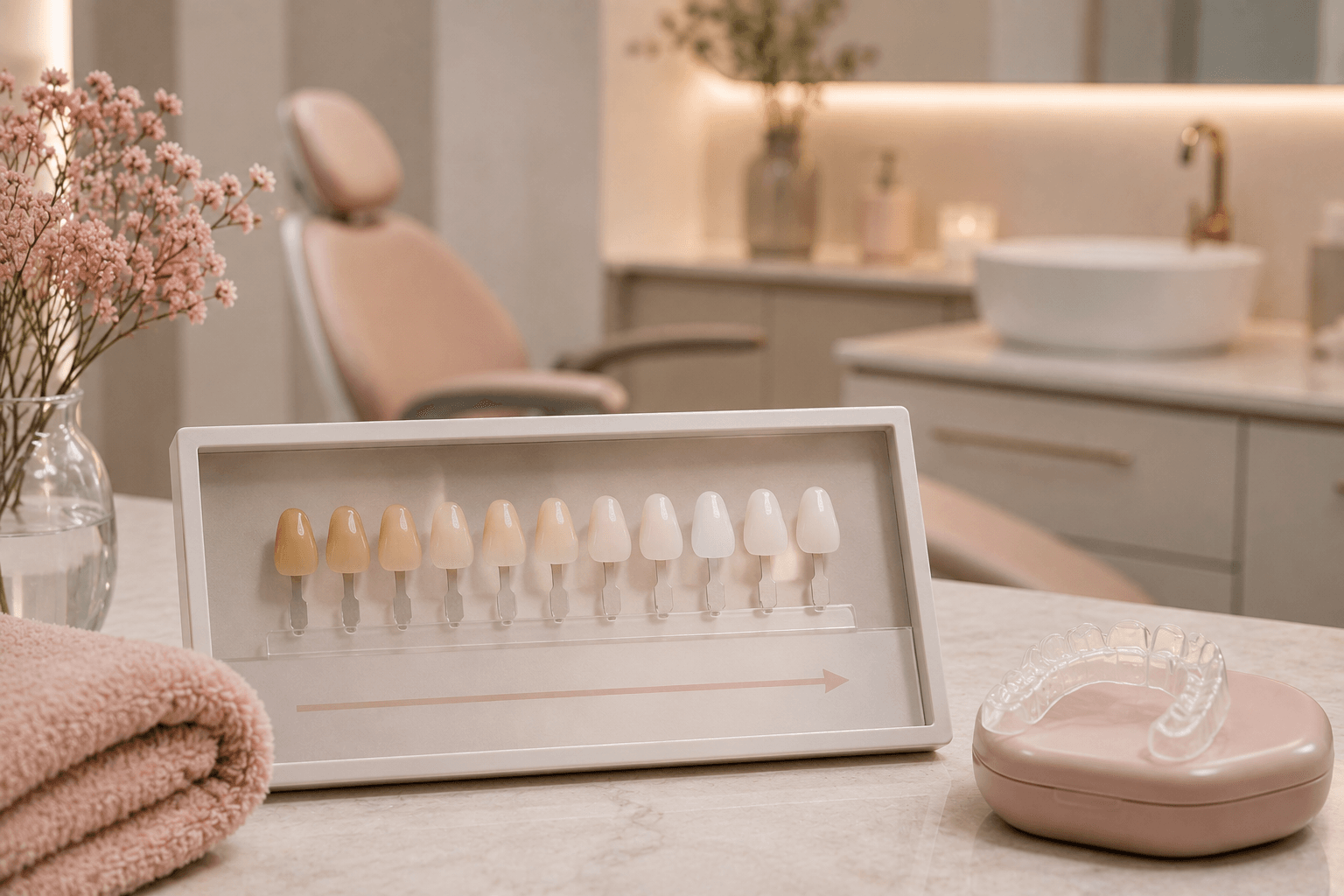 A tooth shade guide arranged from darker to whiter with an arrow showing the progression